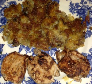Three sausage patties and some hashbrowns for breakfast...I really need to work on my photography skills!  It looked a lot more appetizing than this in real life!