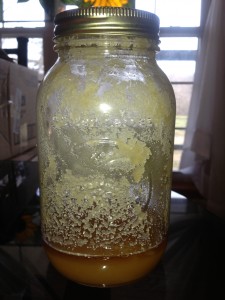 The remains of my last jar of local, raw honey.  LOVE the crystallization!
