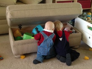 My two overall boys digging in the toy box...too cute!