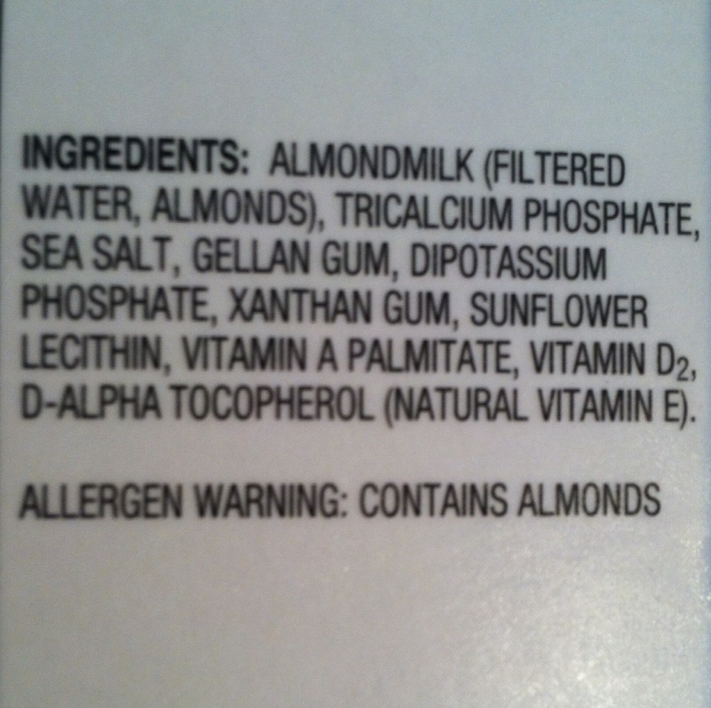The ingredients of the almond milk; my corn-free friends confirmed for me - this is almost SOLID corn! The gums and vitamins are all corn-derived, and the wax coating on the carton is probably corn derived. I HATE CORN!!