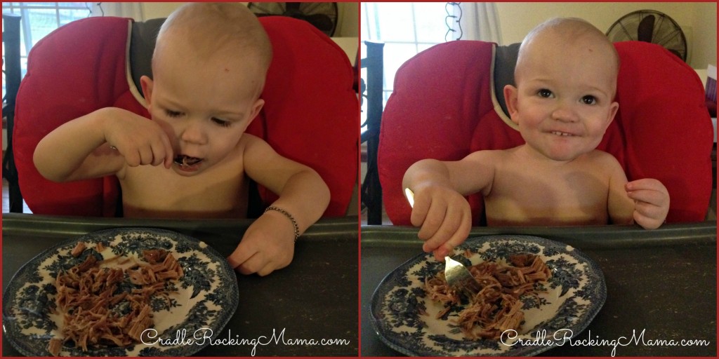 His first time eating pork. He liked it! Now let's hope it likes HIM. 