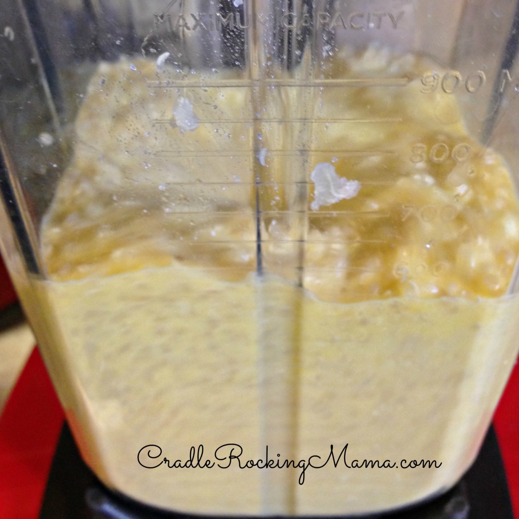 Quinoa, eggs and milk in blender CradleRockingMama.com