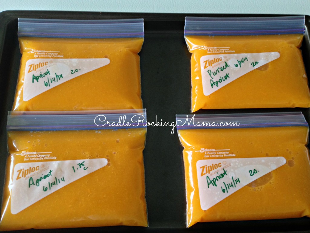 Bags of apricot puree to freeze CradleRockingMama.com