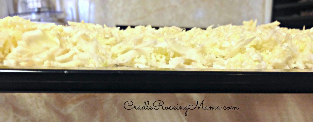 Riced Cauliflower Laid out on Dehydrating Tray CradleRockingMama.com