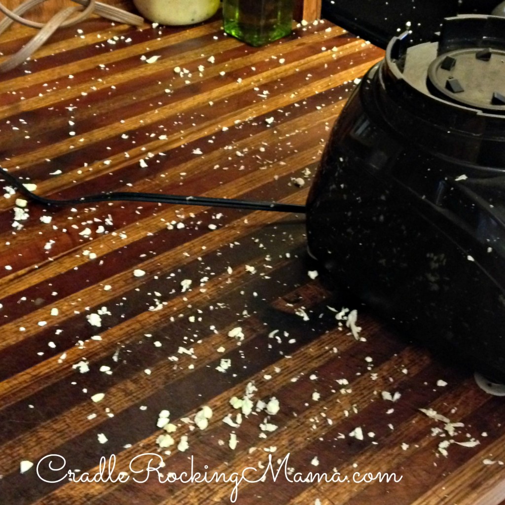 The mess on the counter after ricing cauliflower in the food processor CradleRockingMama.com